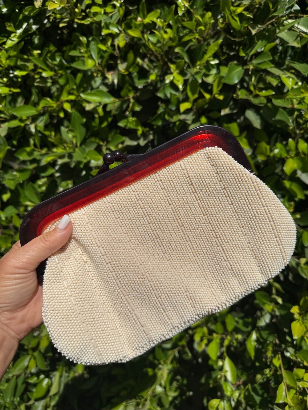 Vintage MCM La Regale Ivory Beaded Lucite Evening Clutch Made in Hong Kong